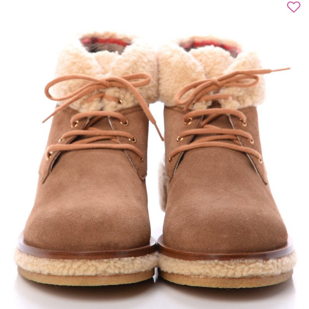 CHANEL Shearling Suede Calfskin Womens Lace Up Ankle Boots